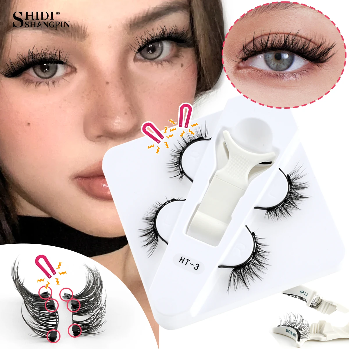 SHIDISHANGPIN 1/2 Pairs Magnetic Fake Eyelashes Kit Handmade Fluffy Faux Mink Lashes Curler 3D False Eyelashes Extension Makeup