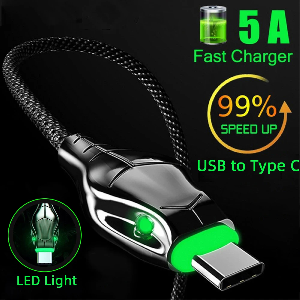 Type C cable 5A Fast Charging Snake Head Indicator Light Data Cable For Iphone Samsung Huawei Xiaomi High speed charging cable