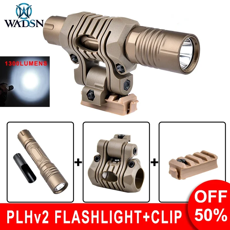 

WADSN Metal 1300lumen PLHv2 Tactical Flashlight Fast Helmet Clip Mount For Picatinny Hunting Weapon Scout Light White Led Lamp