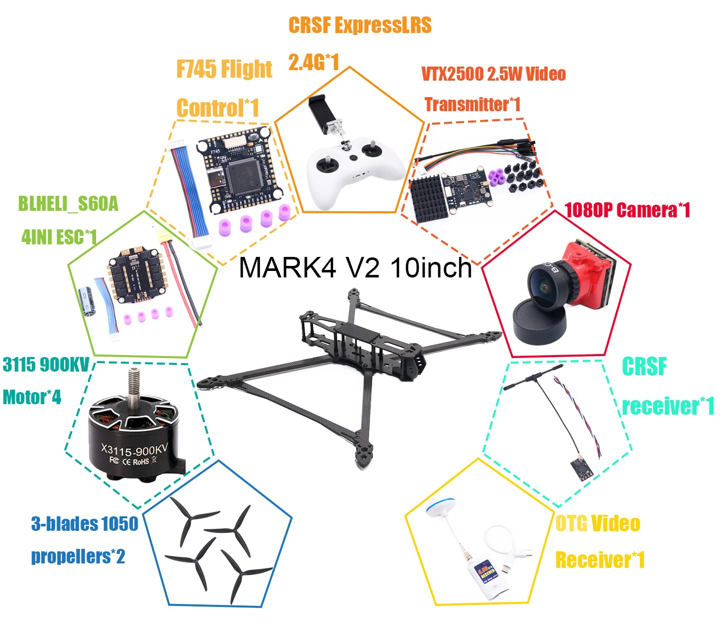 B-CUBE 7/8/9/10inch Frame V2 CRSF Remote ExpressLRS Flight Control 45/60A 4INI E