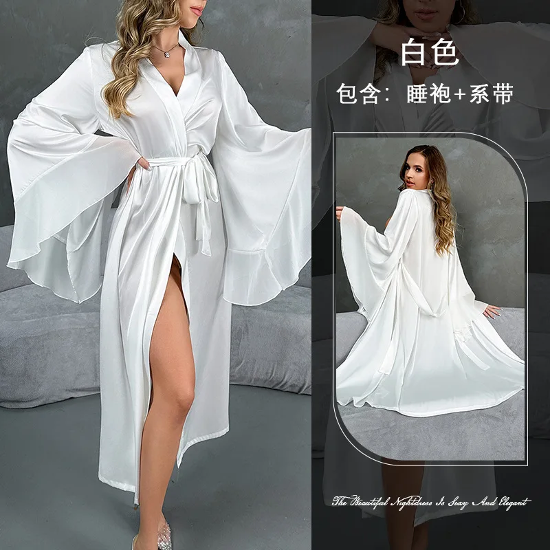 White Satin Long Sleeve Chiffon Cuffs Long Robe For Woman Pajamas Night Dress Soft Silky Comfortable Women's Sleepwear Home Wear