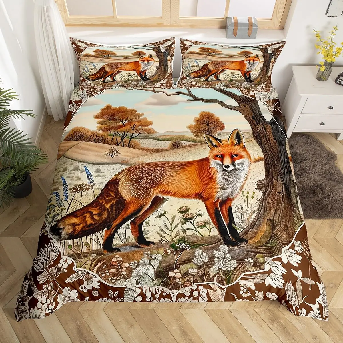 Kids Fox Bedding Set Toddler Natural Floral Comforter Cover Set for Boys Girls Blossom Flowers Pattern Duvet Cover 5