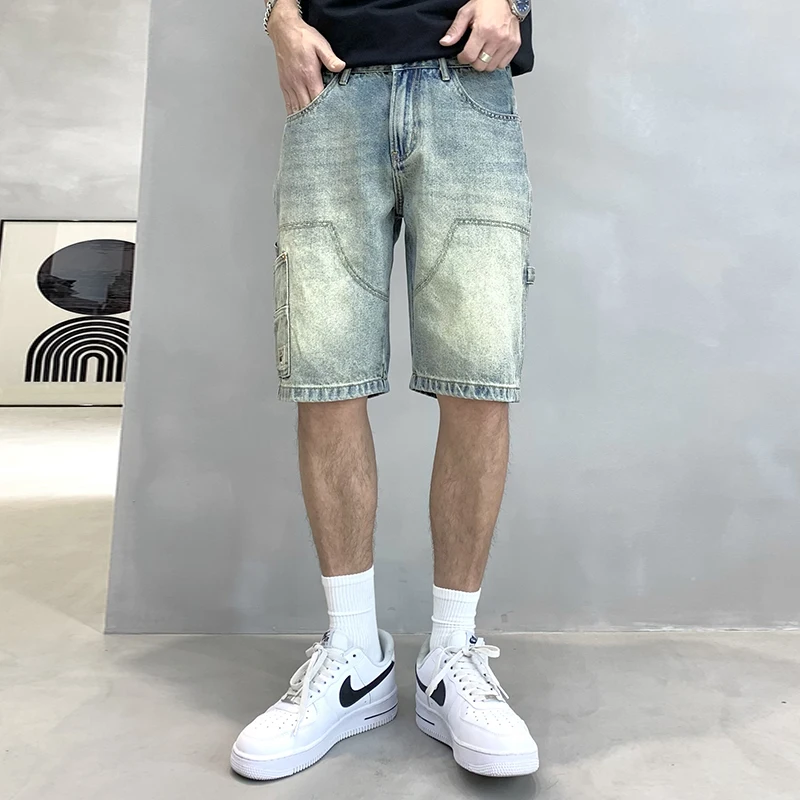 

Tooling Style Denim Shorts Men's Summer Loose Straight Retro High-End Trendy Fashion Joker Casual Distressed Cropped Pants