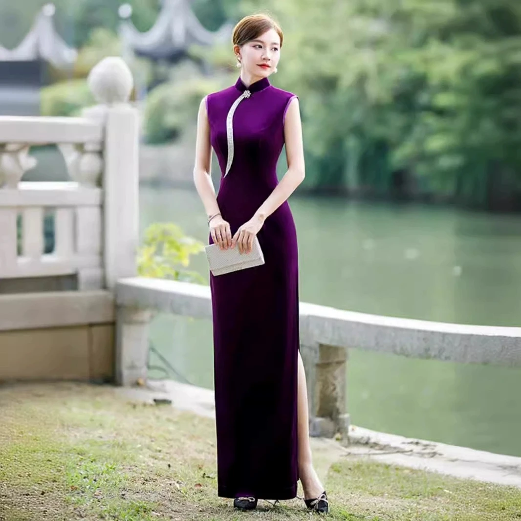 18-Elegant Purple Velvet Cheongsam Short Sleeve Long Gown Young