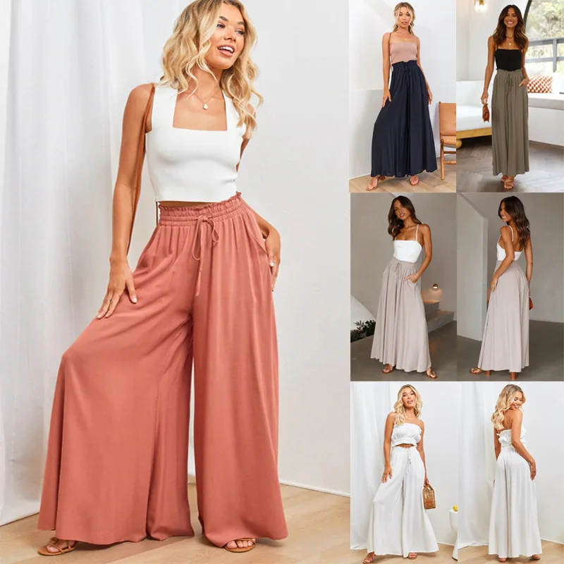 Spring Summer Casual High Waist Wide Leg Pants with Elastic Waistband Solid Loose Holiday Fashion Women Plus Size Long Trousers
