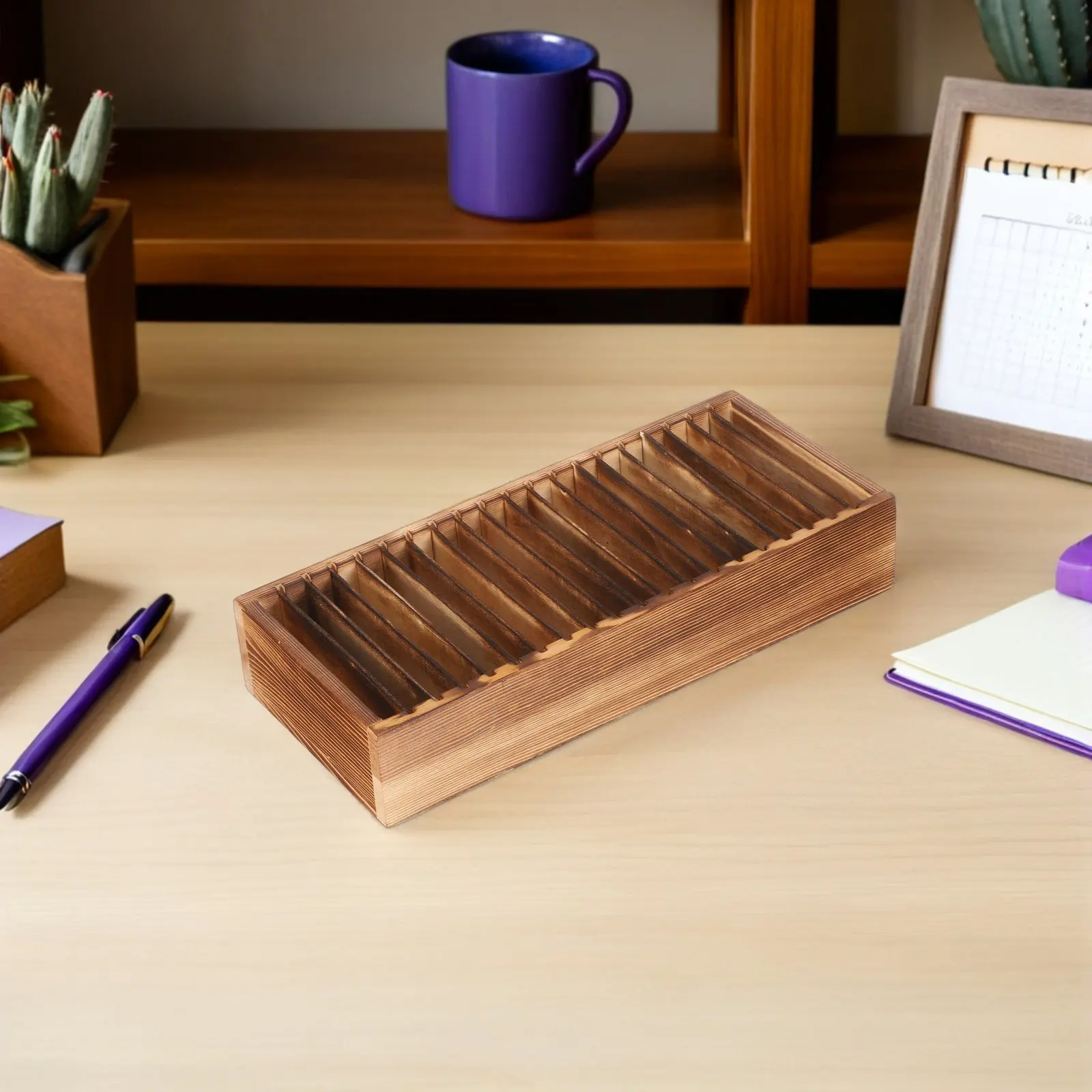 Solid Wood Business Card Organizer Box Desktop Card HolderRemovable Dividers for Office Home  Portable Minimalist