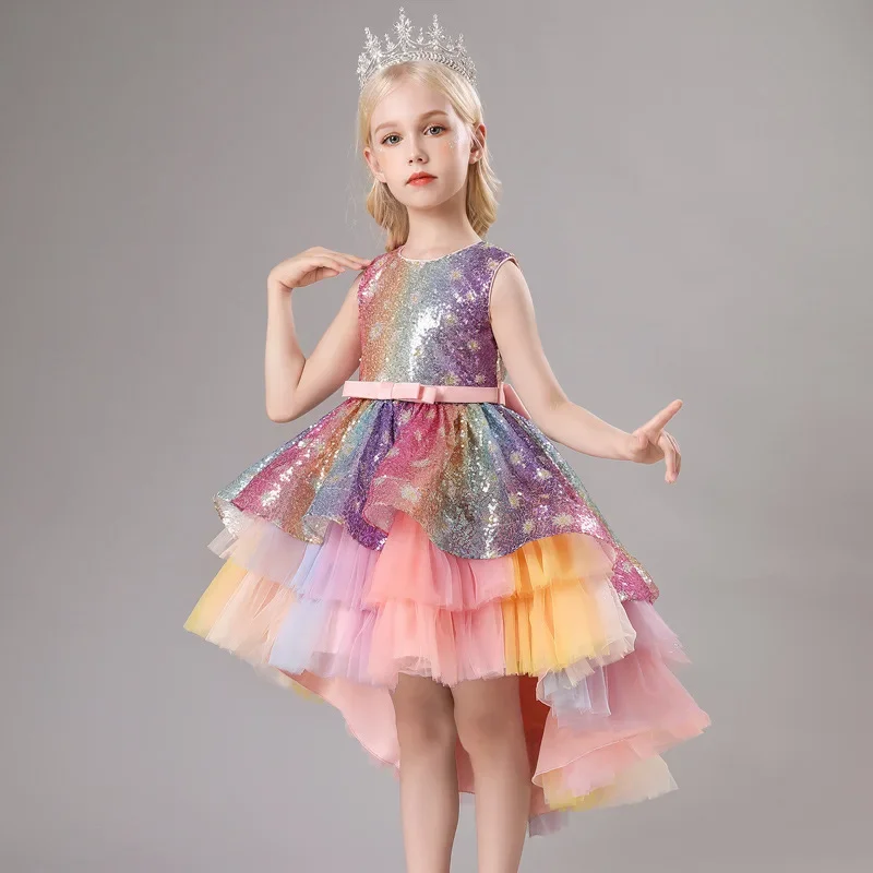 

3-15Y Flower Girls Princess Sequins Baby Wedding Christmas Party Trailing Dress Fluffy Lace Embroidered Host Performance Costume