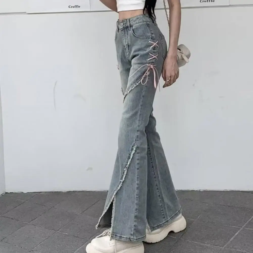 

Sexy High-waisted Jeans High Waist Flared Hem Ripped Jeans with Strap Decor Patchwork Detail Women's Streetwear Trousers