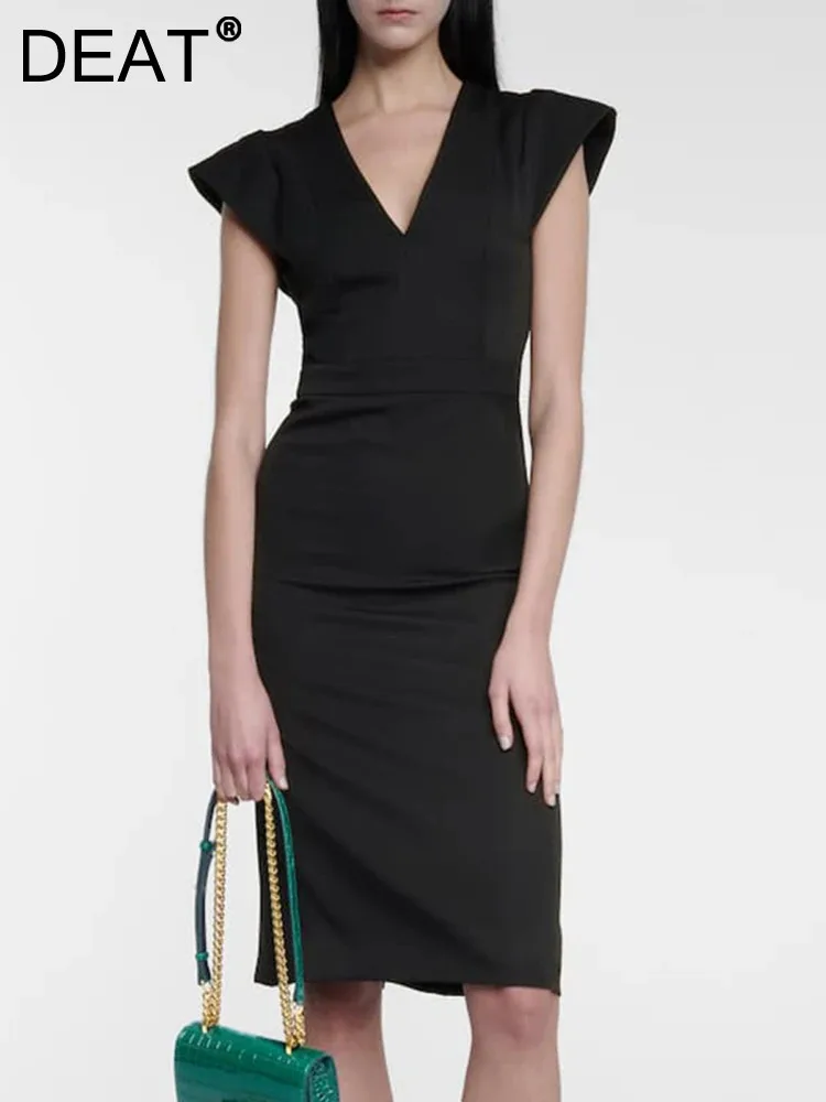 

DEAT 2024 Spring Flying Sleeve Pleated Dress For Women V-neck Slim Waist Customized Evening Dresses Female New Fashion 35Z241