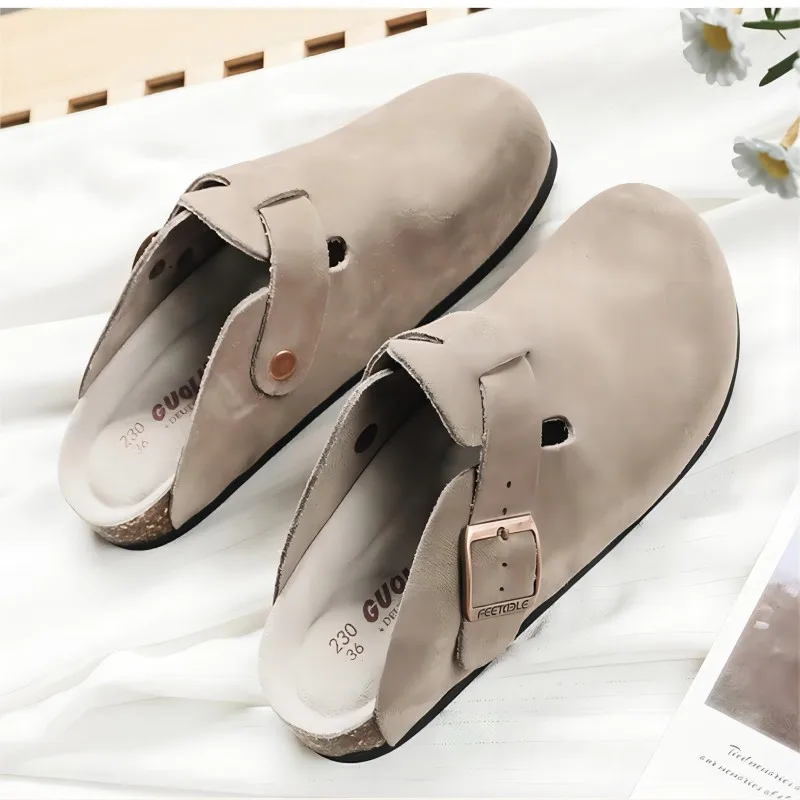Guoluofei Clogs Women's Men Cow Suede Genuine Leather Round Toe Slippers Outdoor Casual Beach Cork Sandals
