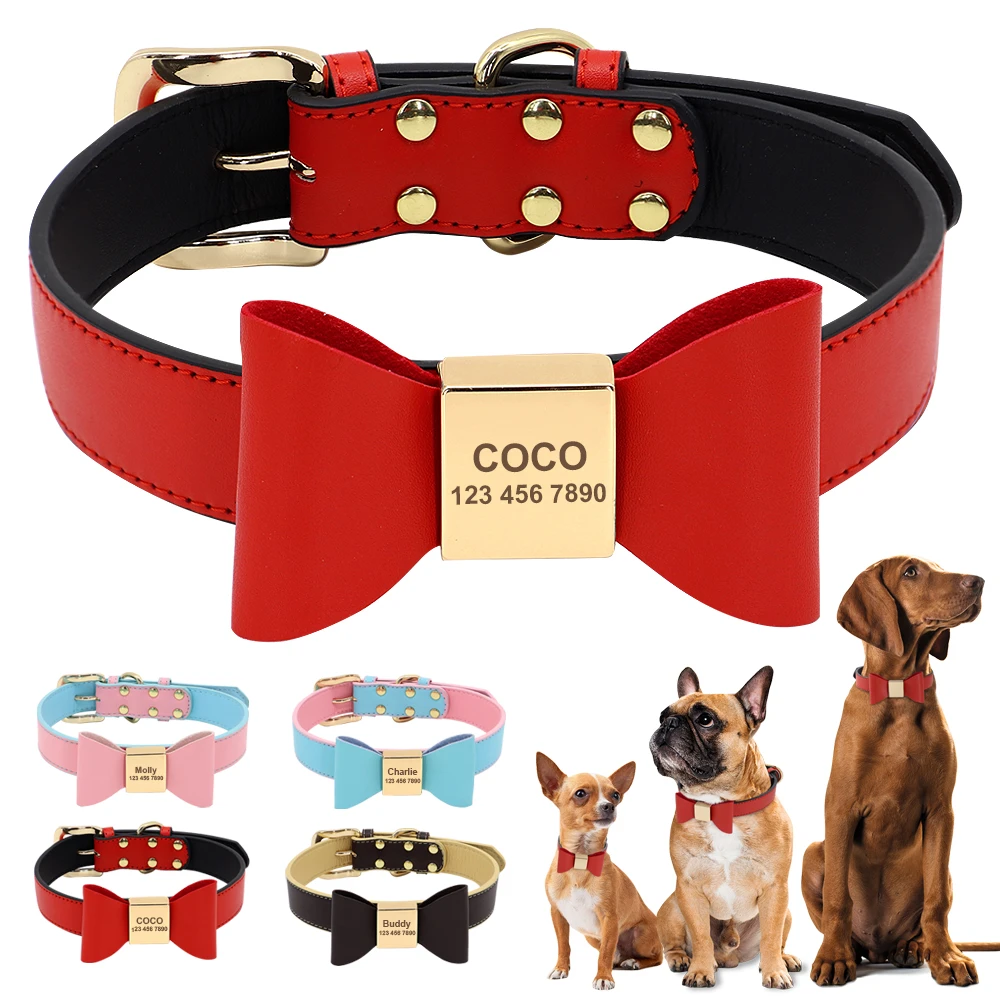 Personalized Dog Name Collar Soft PU Leather Puppy Cat Bowknot Necklace Anti-lost ID Collars for Small Medium Large Dogs Cats