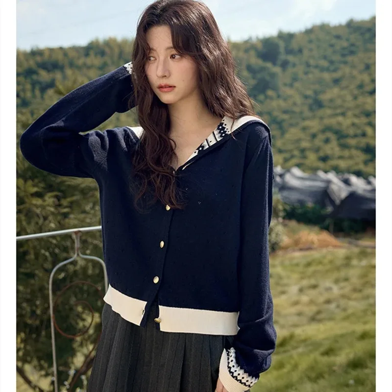 Autumn Women Long Sleeve Sailor Collar Elegant Knitted Cardigan Sweater 2025 Fashion Winter Casual Korean Style Knitwear