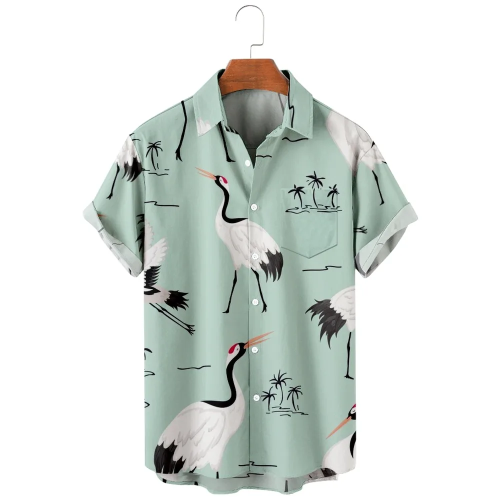 

2022 new men's casual breathable short sleeve top fashion Lapel men's shirt Hawaii with beach Red-crowned crane