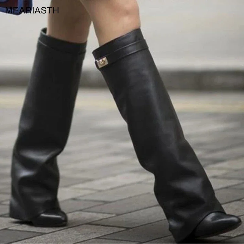 Genuine Leather Shark Lock Boots Metal Decor Belt Knee High Botas Mujer Increase Height Wedges Women's Shoes Ladies Knee Boots