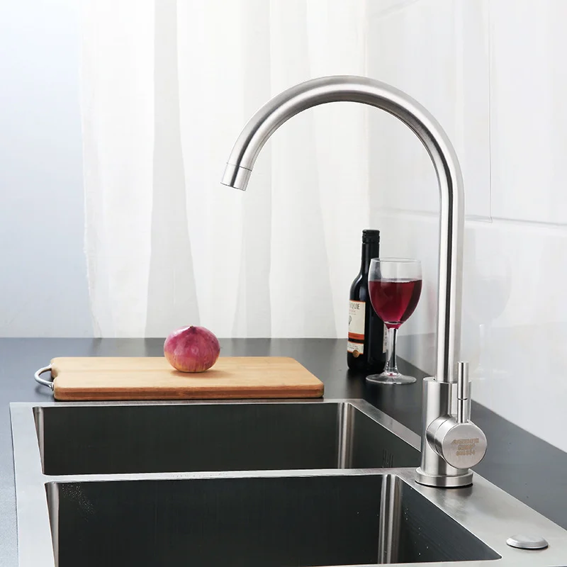 304 stainless steel wire drawing sink, vertical rotating large curved  kitchen hot and cold mixing faucet