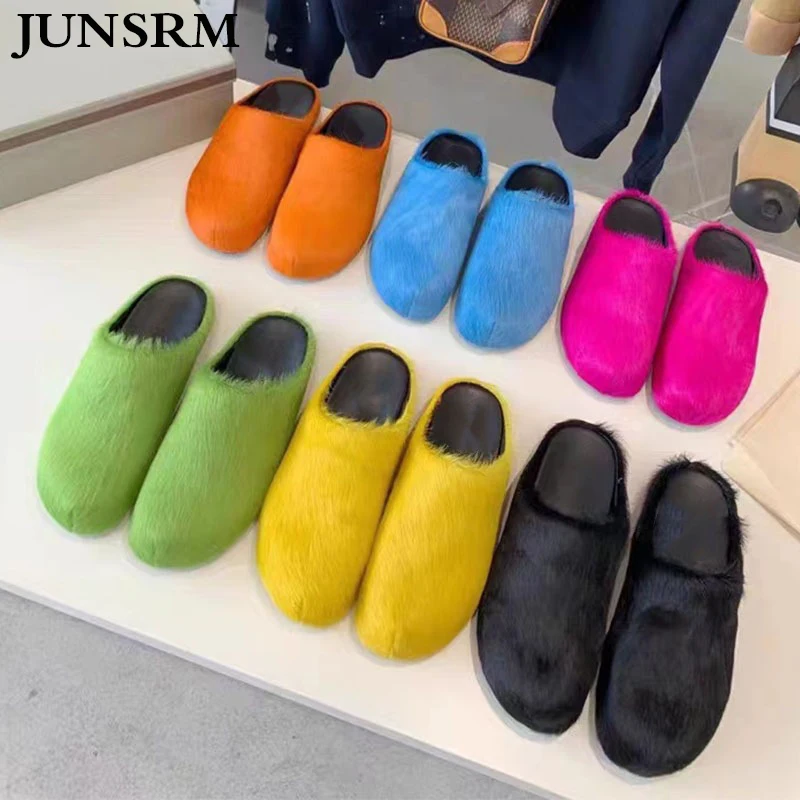 

2024 New Closed Toe Horse Hair Slipper Fall Winter Tide Outside Wear Thick Flat Bottom Casual Shoe Round Head Slip On Flip-flops