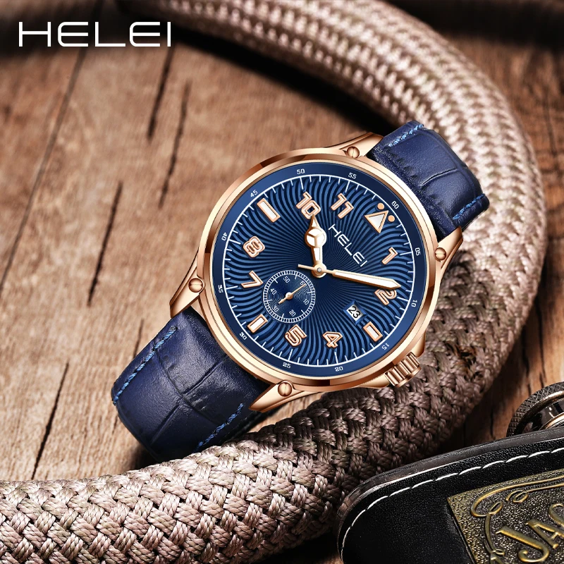 HELEI Classic Men's Watches Fashion Creative Large Dial Men's Quartz Watches Leather Strap Sport Quartz Wristwatch