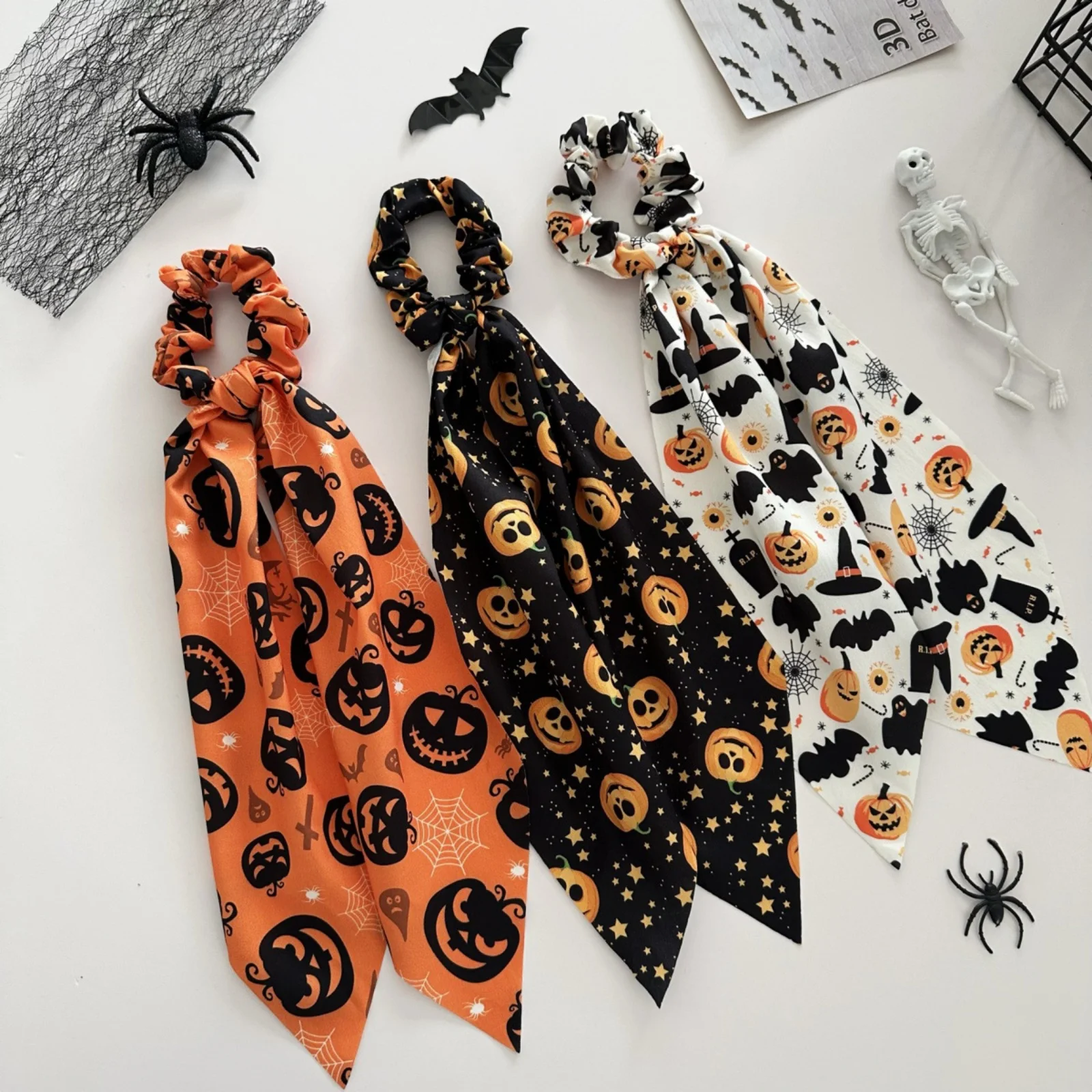 1PC Halloween Scrunchies Set, 3-Piece Pumpkin Ghost Bat Printed Hair Ties With Long Scarf, Cute Hair Accessories For Women Girls