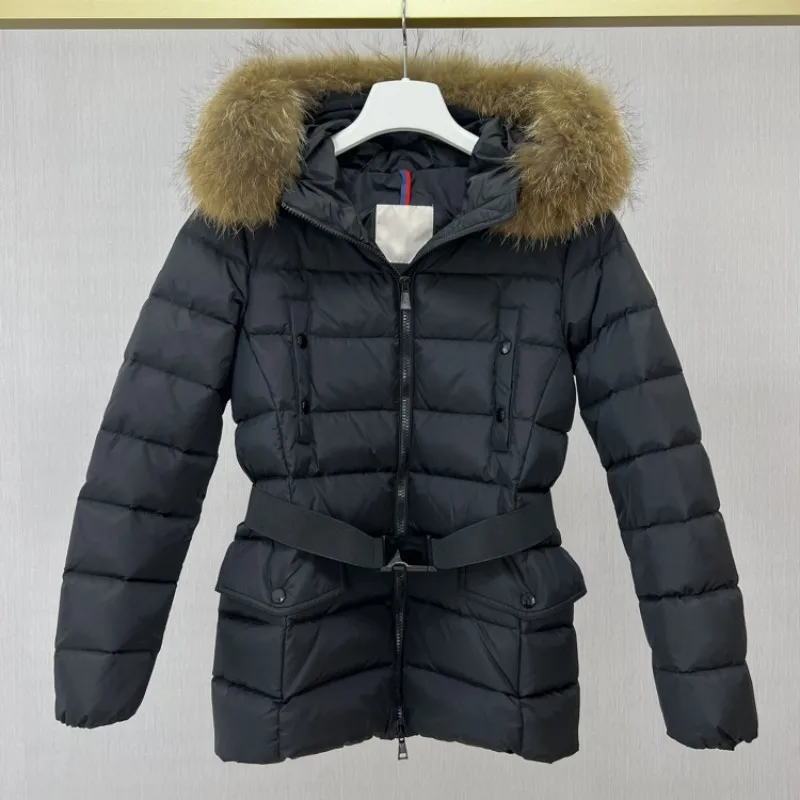 

Autumn and winter female Fox fur collar hooded Down jacket Y2K Casual jacket Slim-fit belt warm Fashion clothing female coat