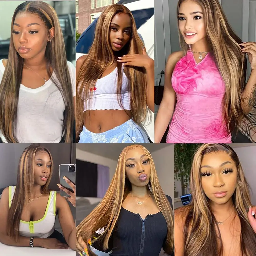 Higlighted Straight Human Hair Bundles P4/27 Brown Color Brazilian Real Hair Extentions Double Wefts Remy Bundles 16 to 26 Inch