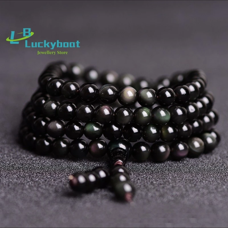 

Оптовая продажа, браслеты из натурального обсидиана с молитвенными бусинами, многослойные браслеты с молитвенными бусинами 108, ювелирные изделия в этническом стиле для мужчин и женщин