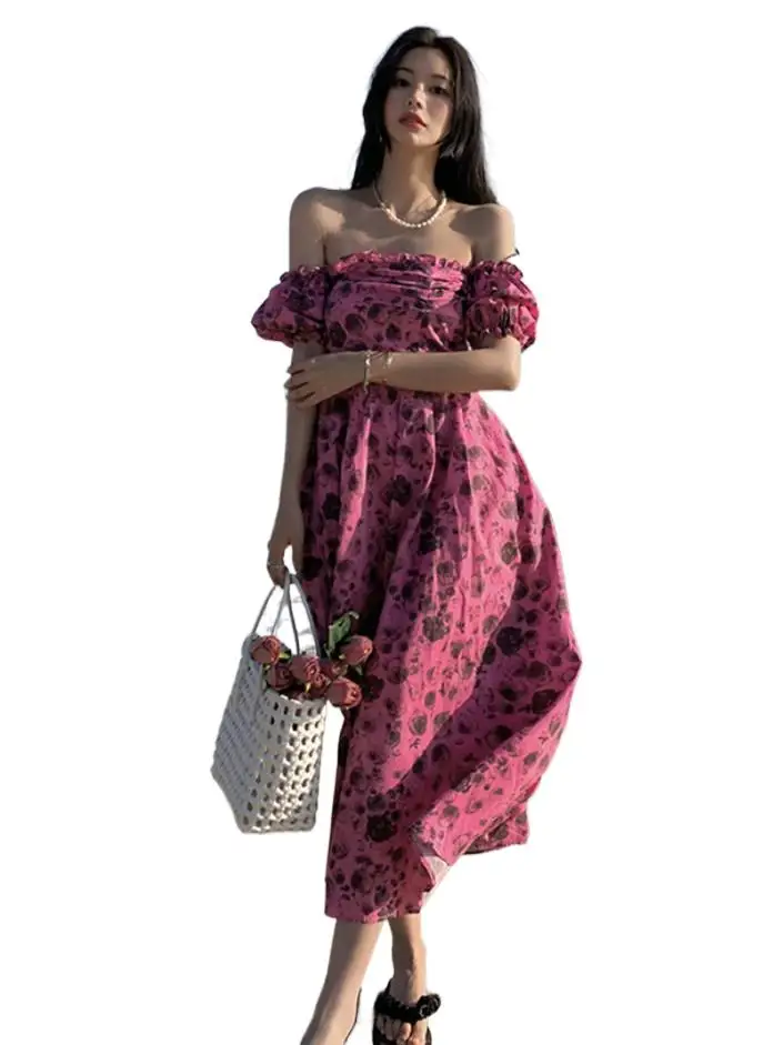 

Dresses Summer Rose printed sexy Short Sleeve Ruffle Dress Women Slash Neck Maxi Female Beach Party Long Dresses Elegant Robe