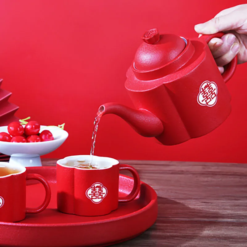 Double Happiness Red Ceramic Tea Infuser, Chinese Home Porcelain Teapot, Tea Cup, Luxury Gift, Wedding Gift