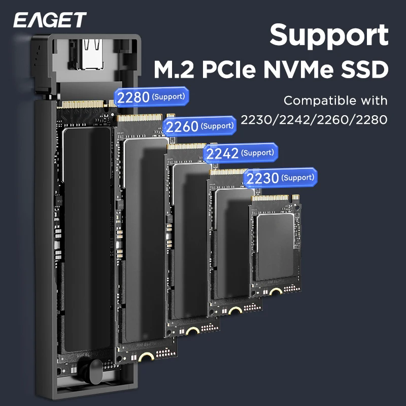 Eaget M2 SSD 케이스 NVME SATA 듀얼 프로토콜 M.2-USB C타입 3.1 SSD 어댑터, NVME PCIE NGFF SATA SSD 디스크용 외장 SSD 케이스