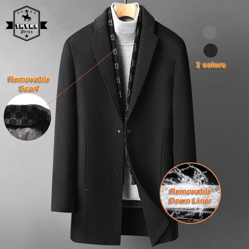 

Winter Woolen Trench Coat Scarf Collar Removable Down Liner Overcoat Thickened Mid Long Jacket Warm Wool Parkas Blazer Outerwear