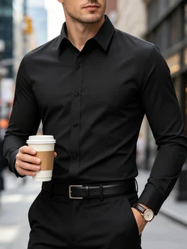 New Men Shirt Elegant Fashion European Long Sleeve Classic Smart Casual Elastic Anti-pilling Male Business Dress Shirts 1