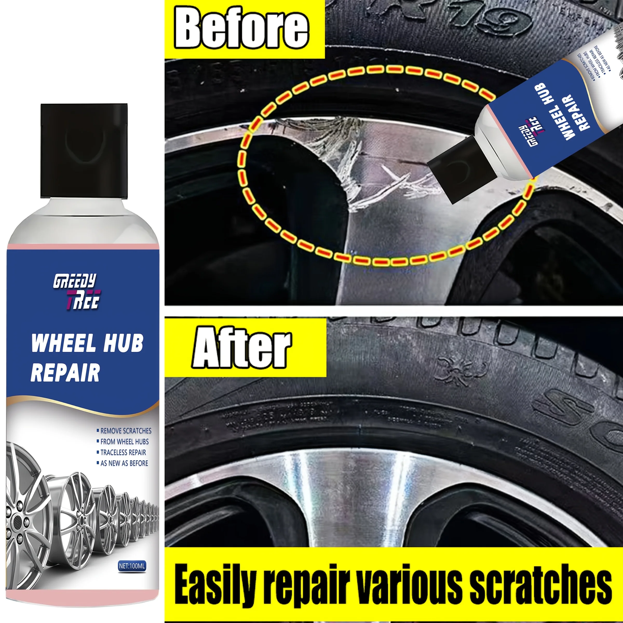 100ml Wheel Scratch Remover Spray Deep Scratch Repair Restore Gloss Non-Abrasive Quick Drying UV Protection