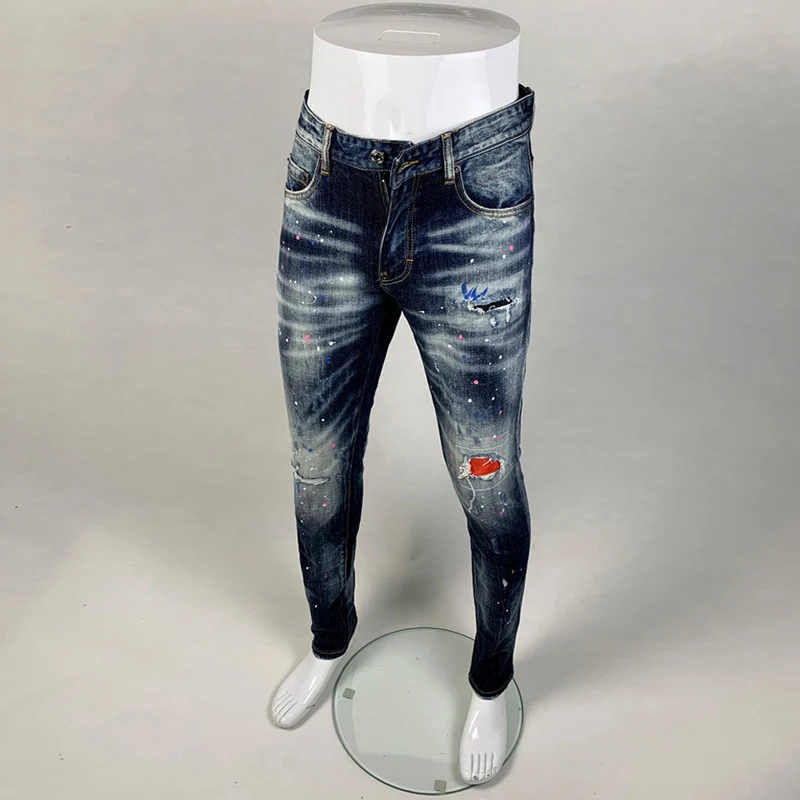 High Street Fashion Men Jeans Retro Blue Stretch Slim Fit Painted Ripped Jeans Men Patched Designer Hip Hop Brand Pants Hombre