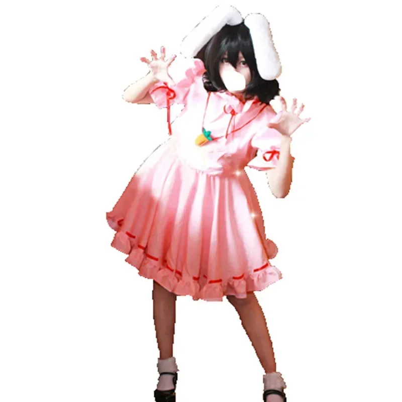 

Touhou Project Tewi Inaba Sweet Pink Dress Uniform Outfit Cosplay Costumes with ears and tail and necklace 11