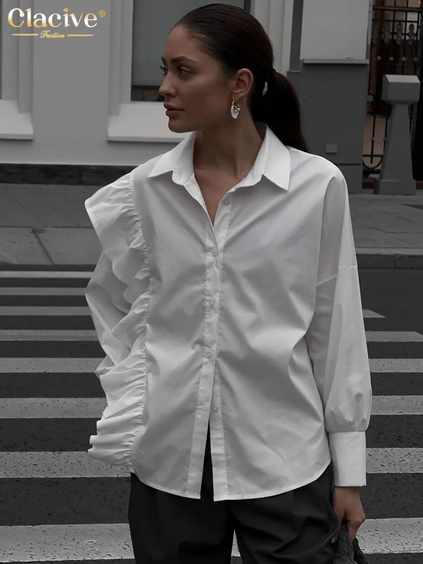 

Clacive Fashion White Cotton Woman Blouse 2023 Elegant Lapel Long Sleeve Office Shirts Casual Chic Ruffle Tops Female Clothing
