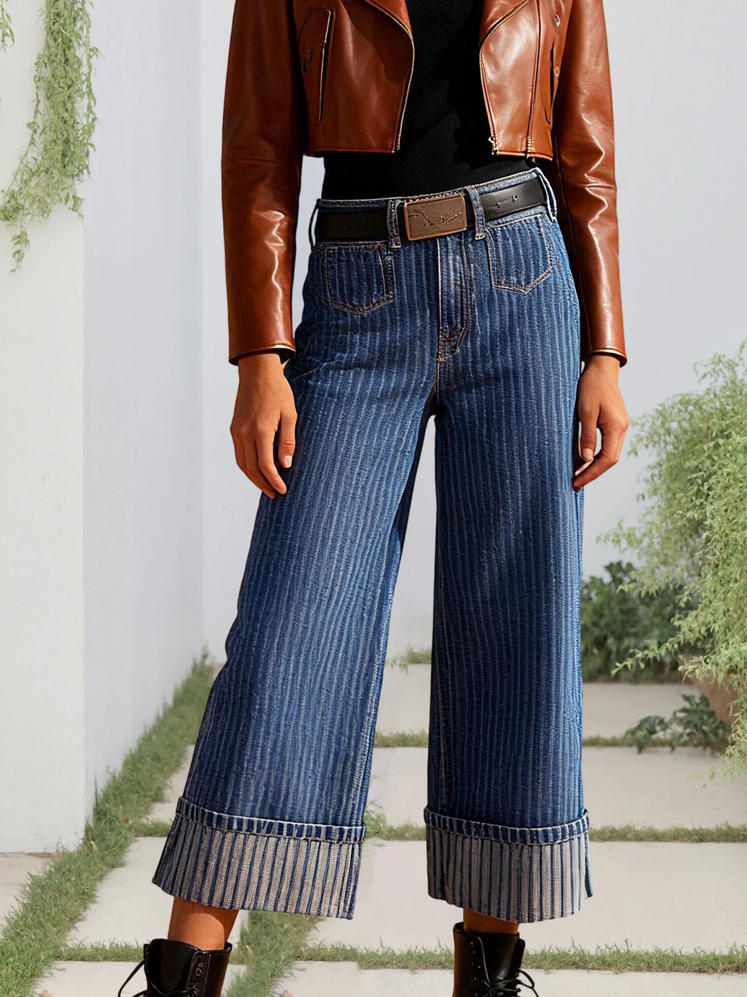 Women s High Waisted Wide Leg Denim Pants Stylish Striped Baggy Trousers with Pockets for Casual Street Style