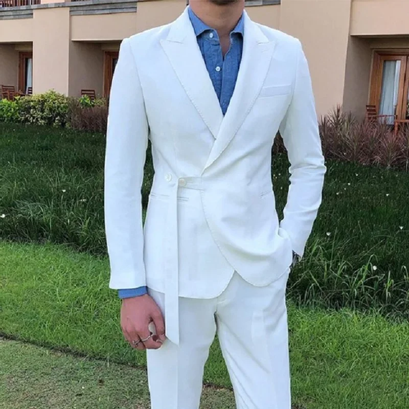 

Streetwear White Slim Fit Men Suits With Belt 2 Pieces Wedding Groom Prom Terno Masculino Custome Homme Tuxedo Blazer
