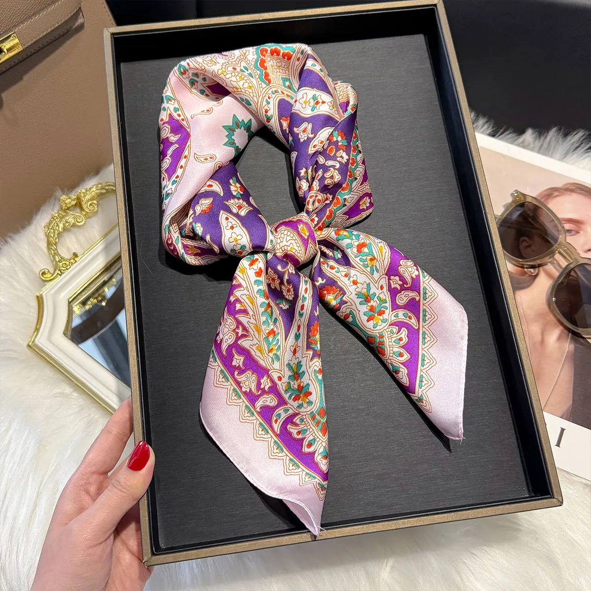 2025 Design Paisley Print 70*70cm Square Scarf Women Soft Satin Hairband Neckerchief Tie Female Headband Foulard Bag Ribbon Gift