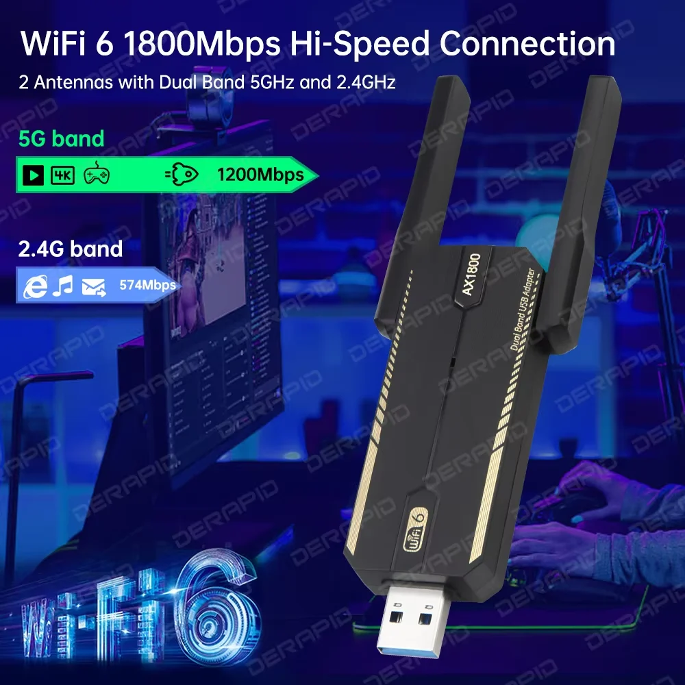 AX1800 WiFi 6 USB 3.0 어댑터 PC 노트북용 듀얼 밴드 2.4G/5G MU-MIMO 네트워크 카드 802.11ax 드라이버 무료 Win10/11 1800Mbps