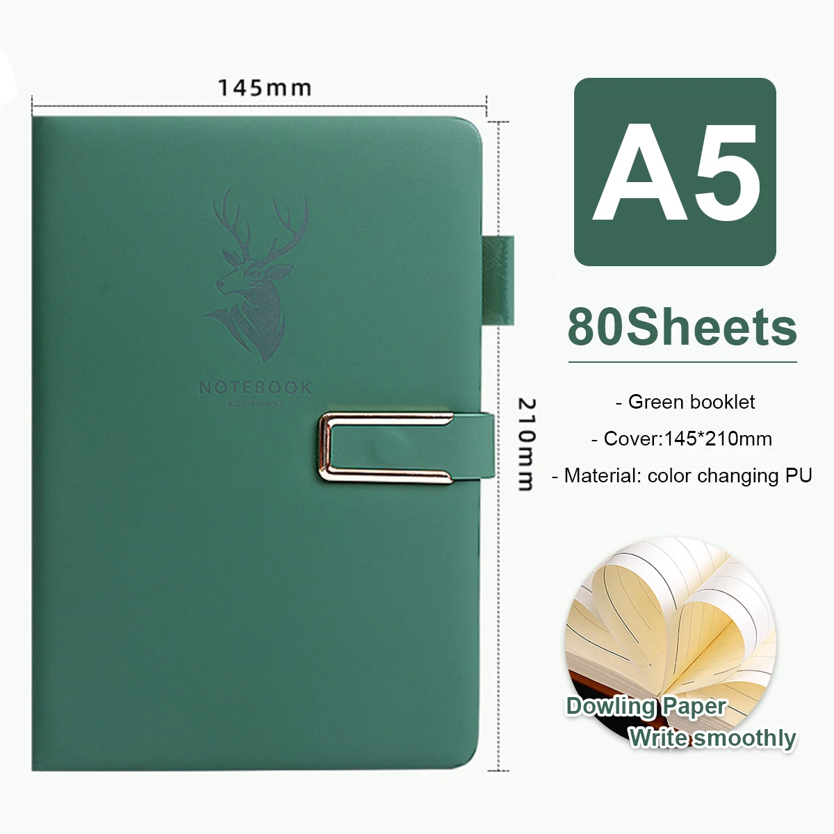 Cuaderno A5 con cubierta de cuero, Bloc de notas grueso de 80 páginas/160 páginas, hebilla magnética de 80GSM, libro de registro de conferencias para trabajo de oficina y negocios