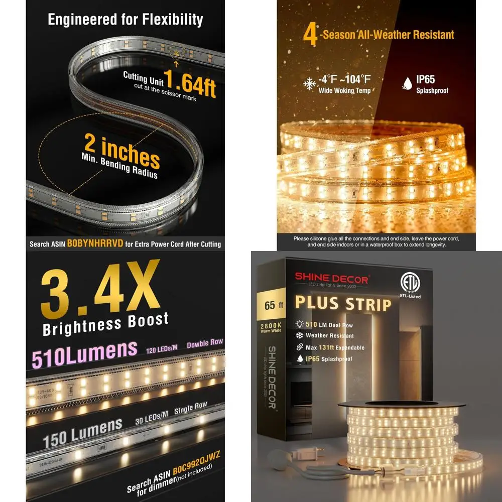 120V Waterproof Connectable LED Rope Light, Double Row, 65FT, Warm ...