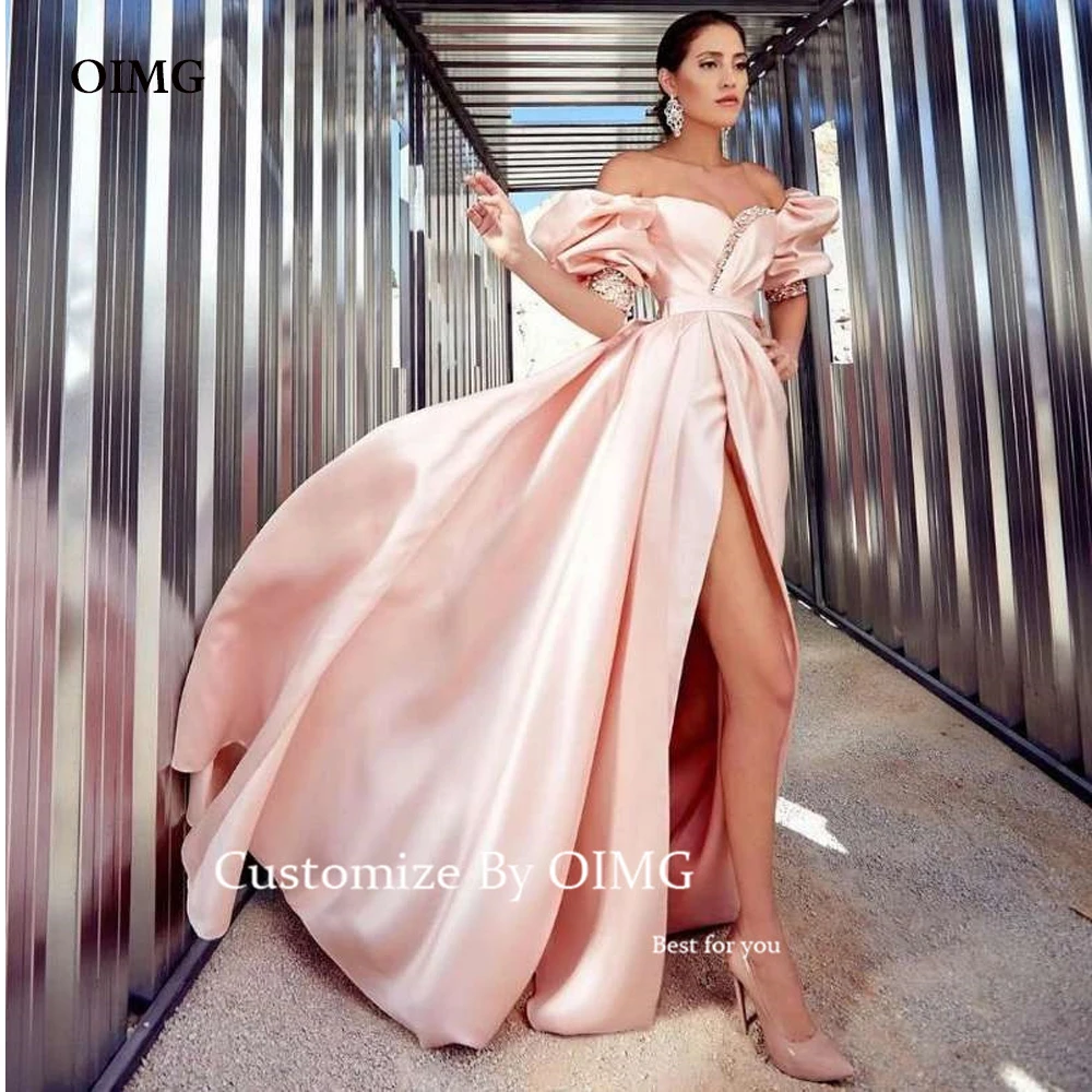 

OIMG Baby Pearl Pink Satin Long Evening Dresses Off the Shoulder Short Sleeves Puff Beads Split Arabic Formal Party Prom Dress
