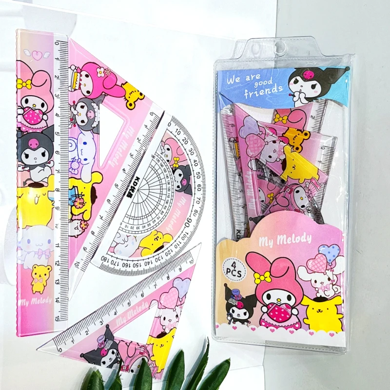 Cartoon Student Ruler 4 Piece Set Kawaii My Melody Kuromi Triangular Plate Protractor Measuring Ruler Stationery Set Gift stationery ruler
