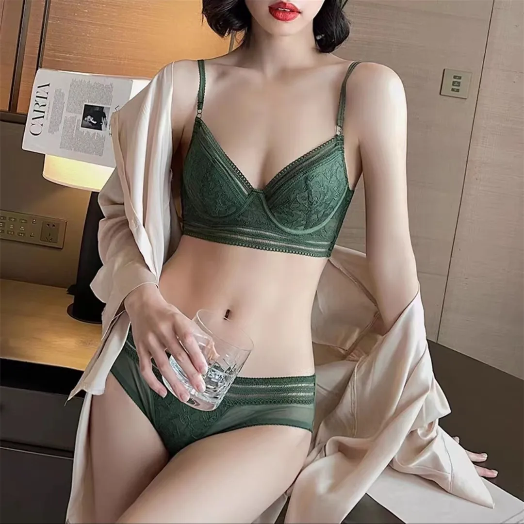 

U-shaped French style large open back beautiful back bra lingerie women's thin sexy lace bra large chest small gathering set