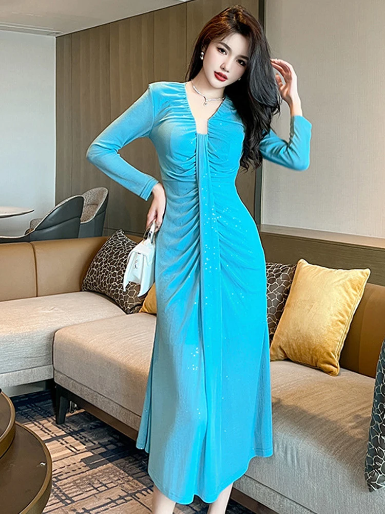 WomensFrenchChicPromDressesWomanBlueKoreanGauzeBright