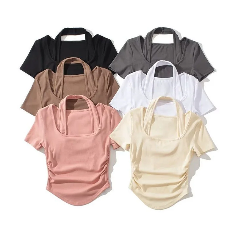 

SABINAX Sweet Sexy Square Neck Curved Top Female Summer Hanging Neck Fake Two Short-sleeved T-shirt Yogo Slim Fit Sweat Tees