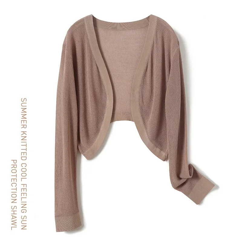 Women Ice Silk Sun Protection Cover Ups Long Sleeve Knitted Shawl Thin Summer Cardigan Cape Outerwear Shirt Loose