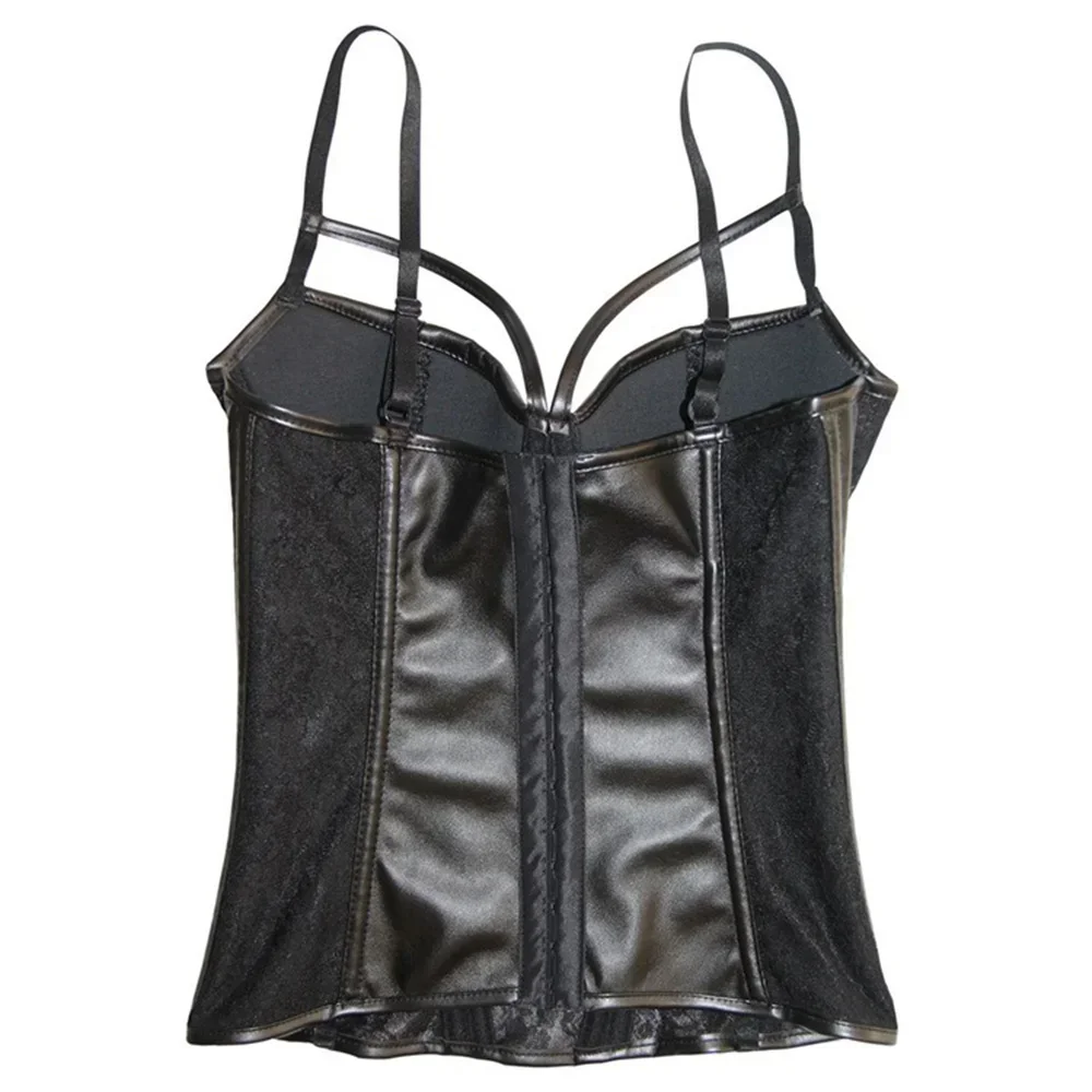 Burlesque Corset for Women Shoulder Strap PVC Corset Sexy Overbust Corset Lingerie Top With 3/4 Padded Cup Black Lace Corset