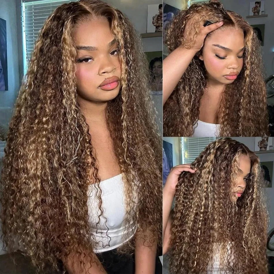 Deep Wave Highlight 13X6 Lace Frontal Wig Human Hair Pre Plucked Brazilian Wig Curly 360 Full Lace Wig Honey Blonde 250 Density
