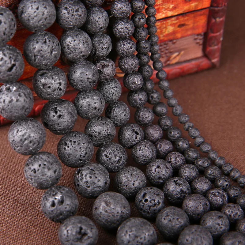 Natural Lava Stone Beads Black Round Volcanic Rock Jewelry Making