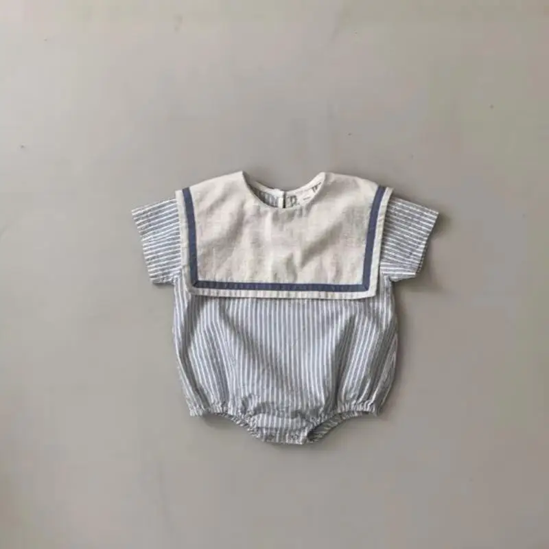 2026 여름 새  짧은 소매 바디 슈트 코튼  소년 소녀 선원 칼라 스트라이프 점프 슈트 얇은  의류 0-24M